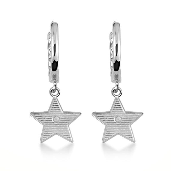 .925 Sterling Silver Star Cuban Link Huggie Hoop Earrings