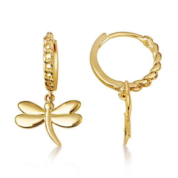Yellow Gold Dragonfly Nature Cuban Link Huggie Hoop Earrings
