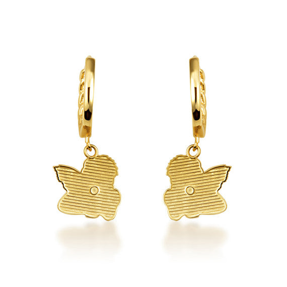 Yellow Gold Cherub Angel Cuban Link Huggie Hoop Earrings