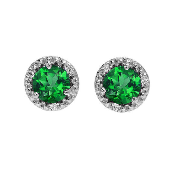 10k Halo Stud Earrings in Gold with Solitaire Lab Created Emerald and Diamonds(Available in Yellow/Rose/White Gold)