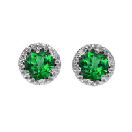 10k Halo Stud Earrings in Gold with Solitaire Lab Created Emerald and Diamonds(Available in Yellow/Rose/White Gold)