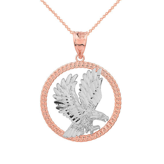 Solid Gold Rope Frame Diamond Cut American Eagle Circle Pendant Necklace (Available In Yellow/Rose/White/Two Tone Gold Gold)
