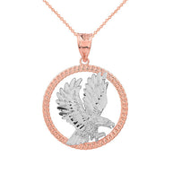 Solid Gold Rope Frame Diamond Cut American Eagle Circle Pendant Necklace (Available In Yellow/Rose/White/Two Tone Gold Gold)