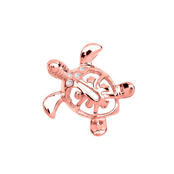 Gold Diamond Hawaiian Lucky Charm Honu Turtle Hidden Bail Pendant Necklace(Available in Yellow/Rose/White)
