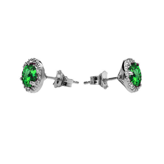 10k Halo Stud Earrings in Gold with Solitaire Lab Created Emerald and Diamonds(Available in Yellow/Rose/White Gold)