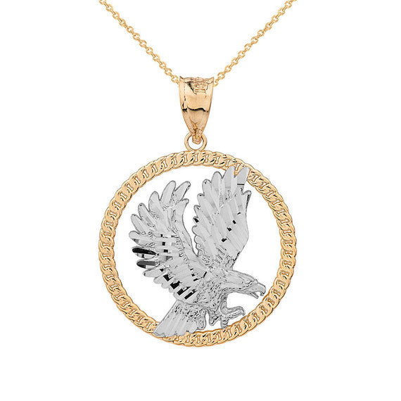 Solid Gold Rope Frame Diamond Cut American Eagle Circle Pendant Necklace (Available In Yellow/Rose/White/Two Tone Gold Gold)