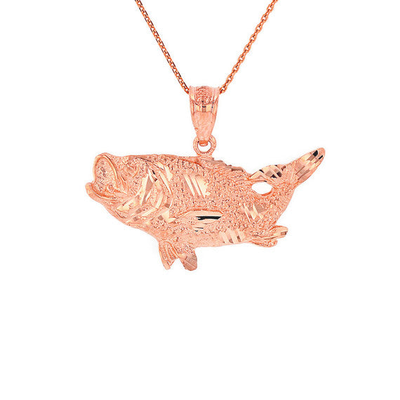 Gold Diamond Cut Bass Fish Pendant Necklace (Available in Yellow/Rose/White Gold)