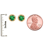 10k Halo Stud Earrings in Gold with Solitaire Lab Created Emerald and Diamonds(Available in Yellow/Rose/White Gold)