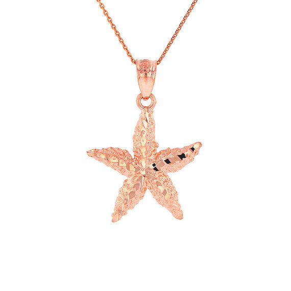 Solid Gold Diamond Cut Starfish Sea Star Pendant Necklace (Available in Yellow/Rose/White Gold)