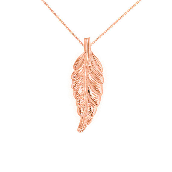 Solid Gold Bohemia Boho Feather Pendant Necklace (Available in Yellow/Rose/White Gold)