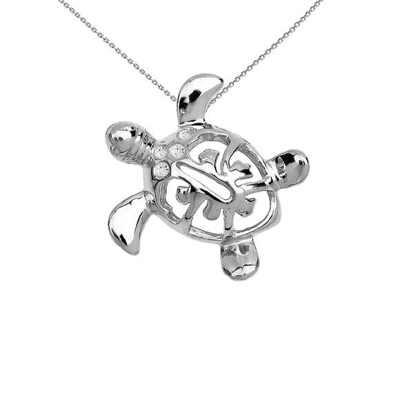 Gold Diamond Hawaiian Lucky Charm Honu Turtle Hidden Bail Pendant Necklace(Available in Yellow/Rose/White)