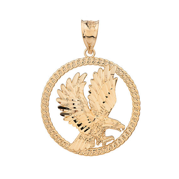 Solid Gold Rope Frame Diamond Cut American Eagle Circle Pendant Necklace (Available In Yellow/Rose/White/Two Tone Gold Gold)
