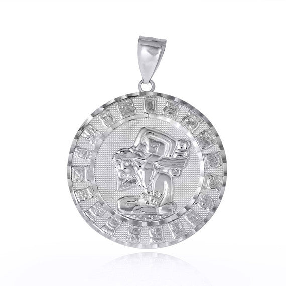 .925 Sterling Silver Diamond Cut Ancient Aztec Mayan Sun Calendar Deity Pendant Necklace (Available in Small/Medium/Large)