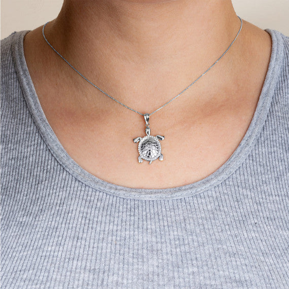 .925 Sterling Silver Marine Sea Turtle Cubic Zirconia Halo Pendant Necklace