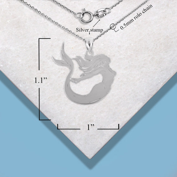 .925 Sterling Silver Engravable Sea Mermaid Ocean Pendant Necklace
