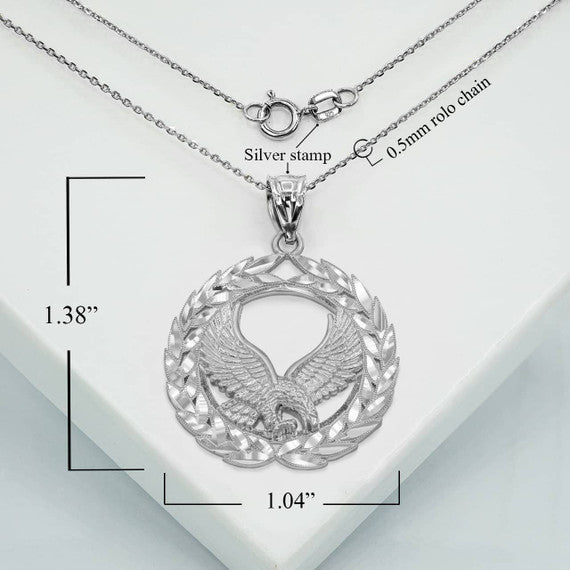 .925 Sterling Silver Diamond Cut Eagle Laurel Wreath Milgrain Pendant Necklace (Available in Small/Large)