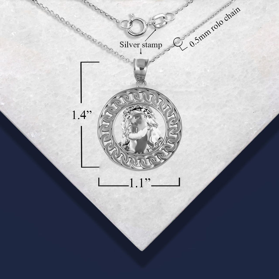 .925 Sterling Silver Jesus Christ Face Cuban Link Round Pendant Necklace