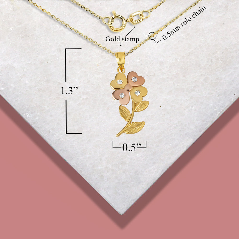 Two-Tone Gold Cubic Zirconia 4 Leaf Clover Flower Pendant Necklace (Available in Yellow/Rose/White Gold)