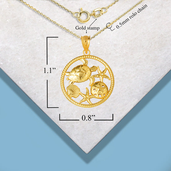 Gold Sea Shell Turtle & Starfish Marine Life Rope Pendant Necklace (Available in Yellow/Rose/White Gold)