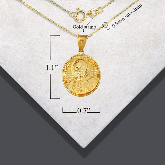 Gold Religious Patron Saint John Paul II Beaded Medallion Pendant Necklace (Available in Yellow/Rose/White Gold)