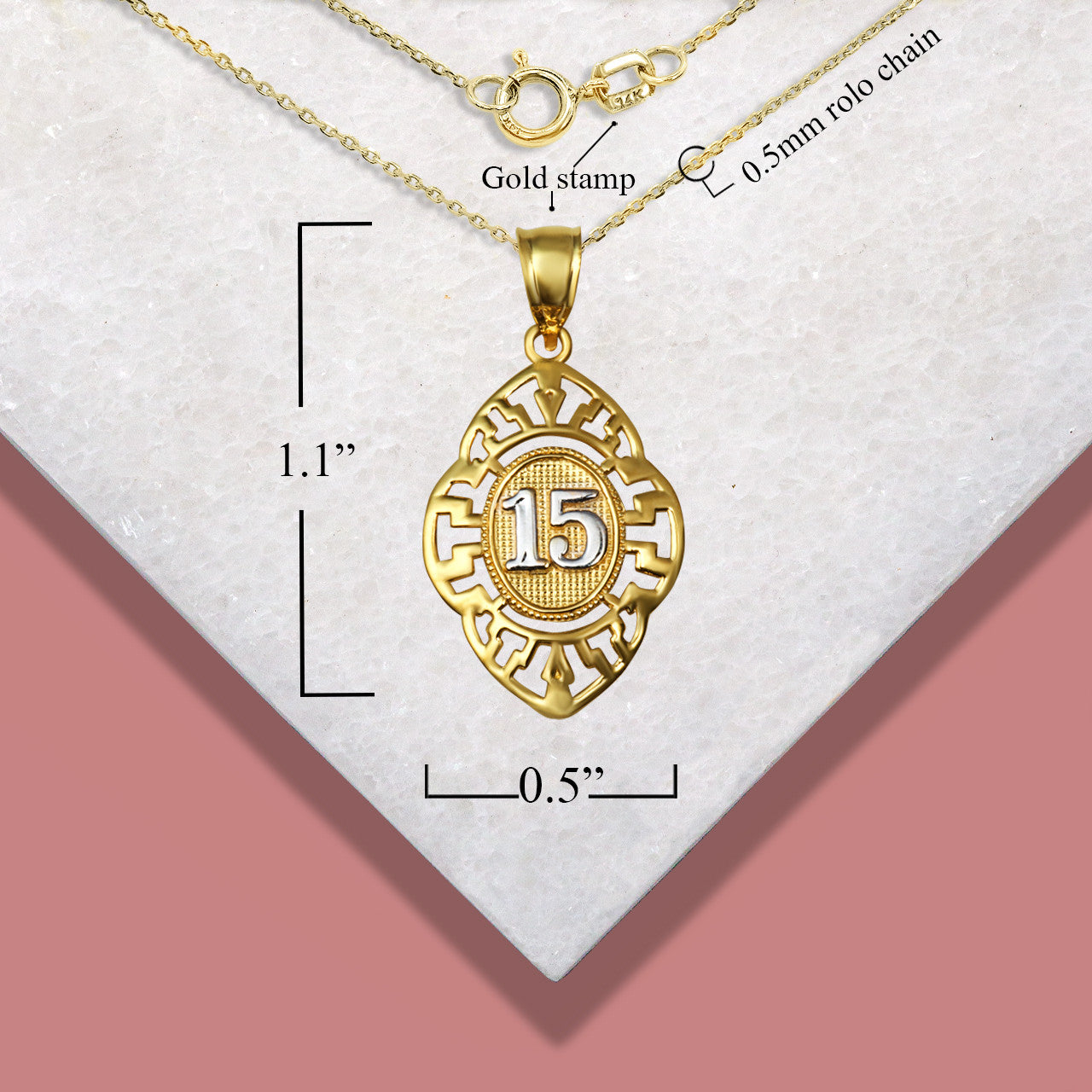 Solid Gold Two-Tone Quinceañera 15 Años Greek Key Oval Beaded Pendant Necklace (Available in Yellow/Rose/White Gold)