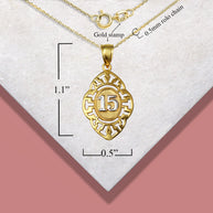 Solid Gold Two-Tone Quinceañera 15 Años Greek Key Oval Beaded Pendant Necklace (Available in Yellow/Rose/White Gold)