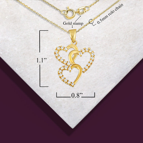 Gold Cubic Zirconia Triple Heart Pendant Necklace (Available in Yellow/Rose/White Gold)