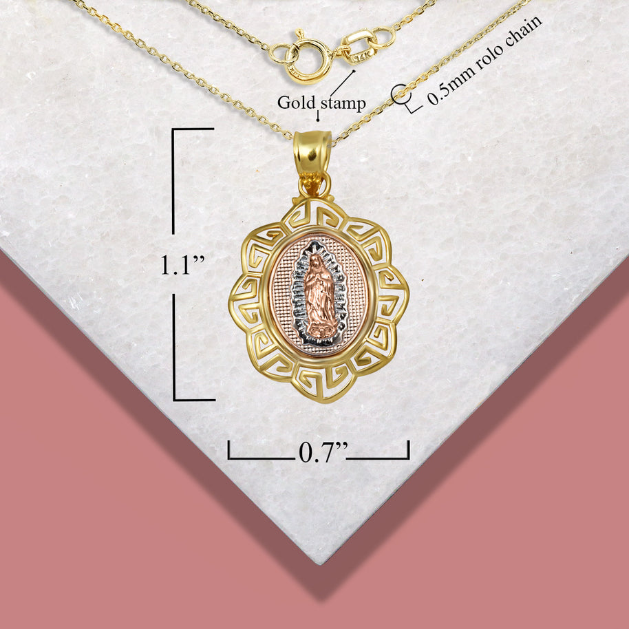 Tri-Color Gold Our Lady of Guadalupe Greek Key Oval Textured Pendant Necklace