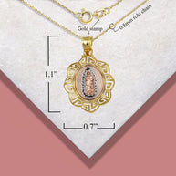 Tri-Color Gold Our Lady of Guadalupe Greek Key Oval Textured Pendant Necklace