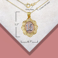 Tri-Color Gold Quinceañera 15 Años Greek Key Textured Pendant Necklace