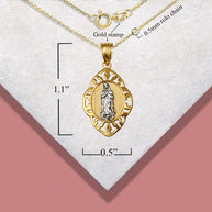 Two-Tone Gold Our Lady of Guadalupe Greek Key Oval Beaded Pendant Necklace