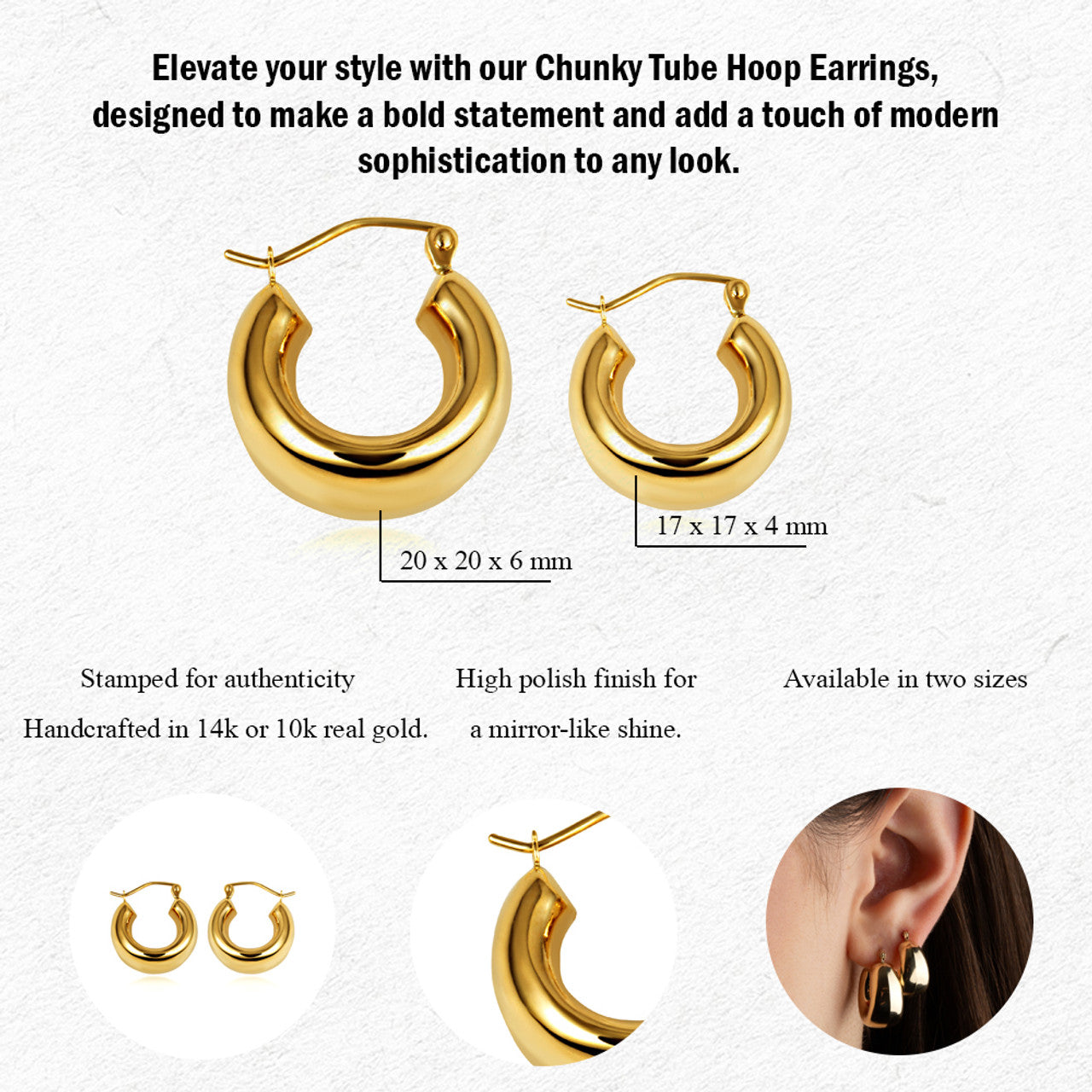 Yellow Gold Bold Tube Hoop Earrings (Available in Small/Large)