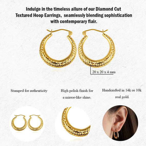 Yellow Gold Diamond Cut Textured Hoop Earrings