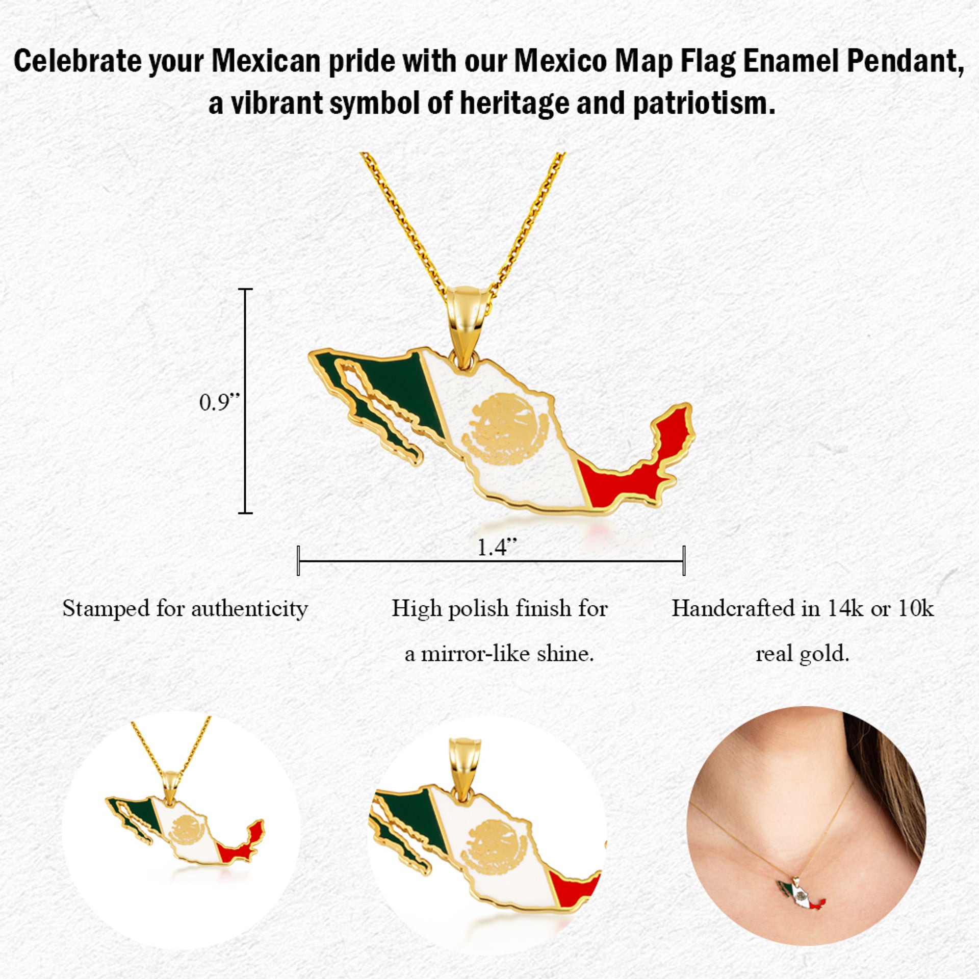 Gold Mexico Map Flag Enamel Pendant Necklace (Available in Yellow/Rose/White Gold)