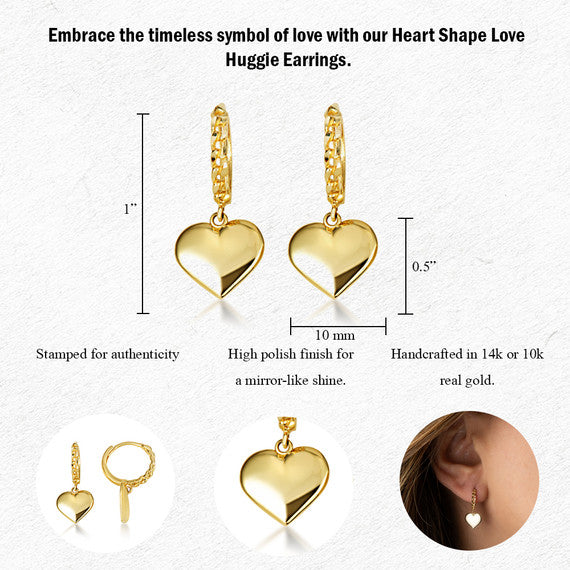 Yellow Gold Heart Shape Love Cuban Link Huggie Hoop Earrings