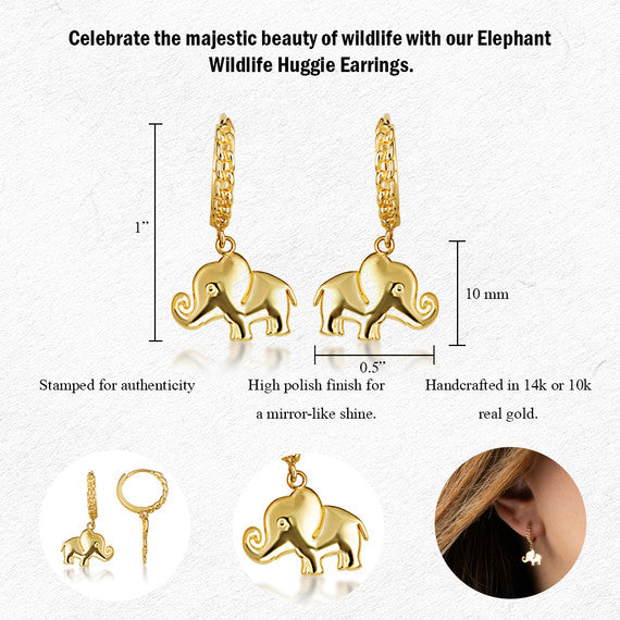 Yellow Gold Elephant Wildlife Cuban Link Huggie Hoop Earrings