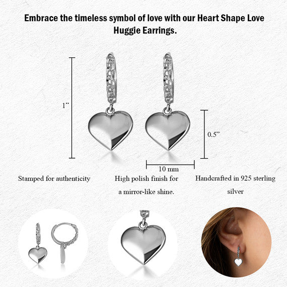 .925 Sterling Silver Heart Shape Love Cuban Link Huggie Hoop Earrings