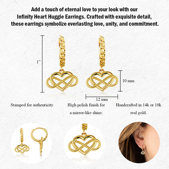 Yellow Gold Infinity Heart Cuban Link Huggie Hoop Earrings