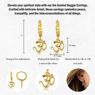 Yellow Gold Spiritual Om Symbol Hindu Cuban Link Huggie Hoop Earrings