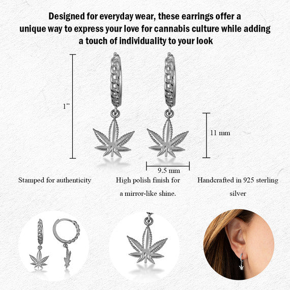 .925 Sterling Silver Marijuana Leaf Cannabis Cuban Link Huggie Hoop Earrings