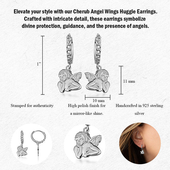 .925 Sterling Silver Cherub Angel Cuban Link Huggie Hoop Earrings