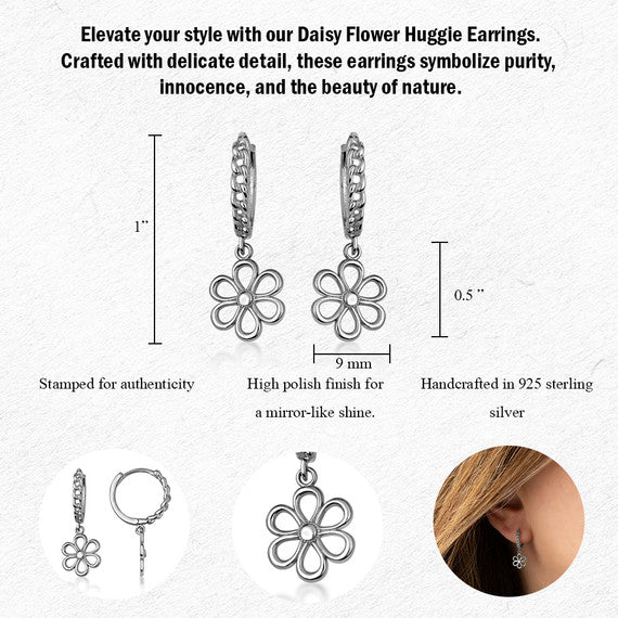 .925 Sterling Silver Daisy Flower Cuban Link Huggie Hoop Earrings