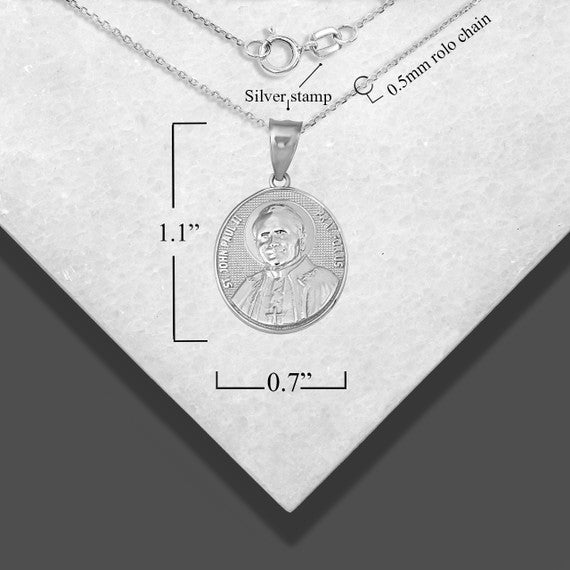 .925 Sterling Silver Religious Patron Saint John Paul II Beaded Medallion Pendant Necklace
