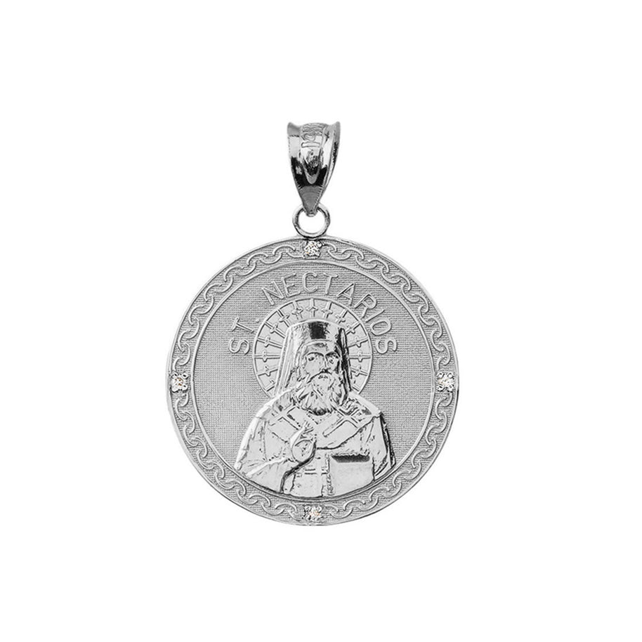 Sterling Silver Greek Orthodox Saint Nectarios of Aegina Engravable CZ Medallion Pendant Necklace 1.01" (25 mm)