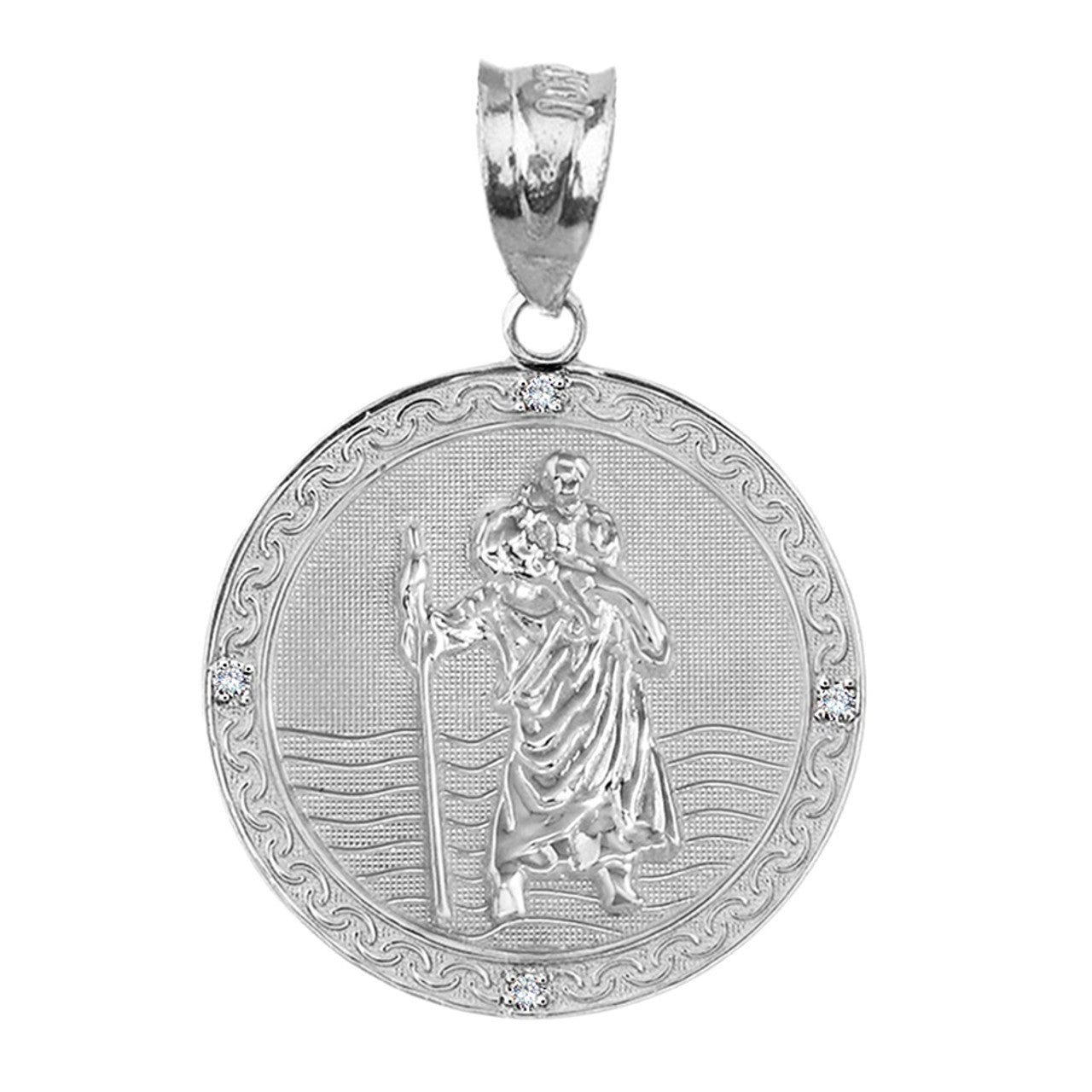 Sterling Silver Saint Christopher Engravable Medallion Circle CZ Pendant Necklace ( 1