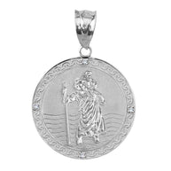 Sterling Silver Saint Christopher Engravable Medallion Circle CZ Pendant Necklace ( 1