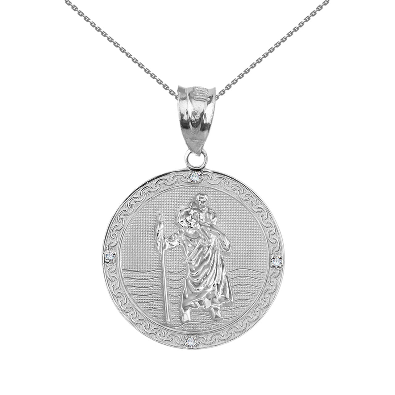 Sterling Silver Saint Christopher Engravable Medallion Circle CZ Pendant Necklace ( 1