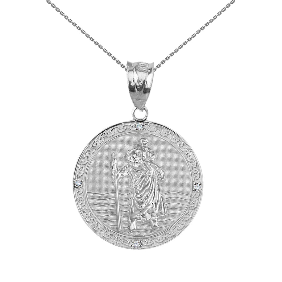 Sterling Silver Saint Christopher Engravable Medallion Circle CZ Pendant Necklace ( 1