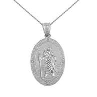 Sterling Silver Saint Christopher Engravable Medallion CZ Pendant Necklace ( 1