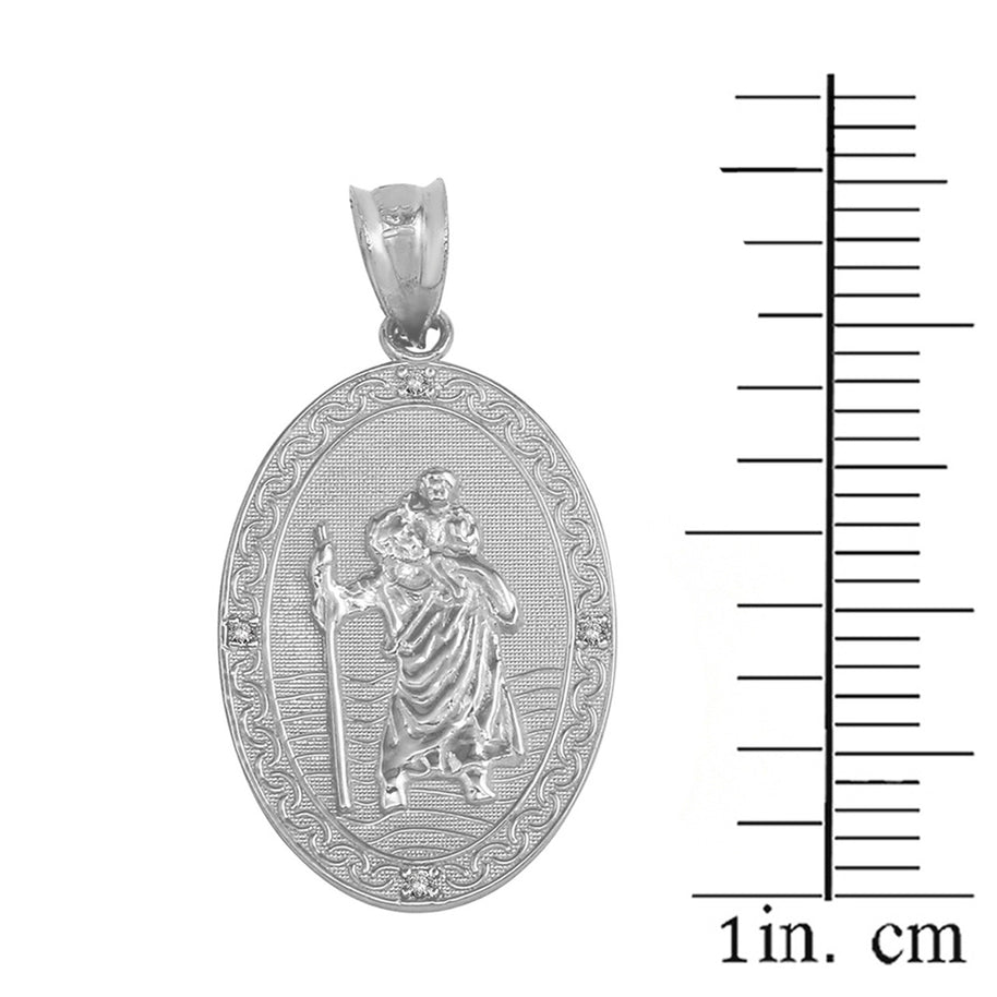 Sterling Silver Saint Christopher Engravable Medallion CZ Pendant Necklace ( 1
